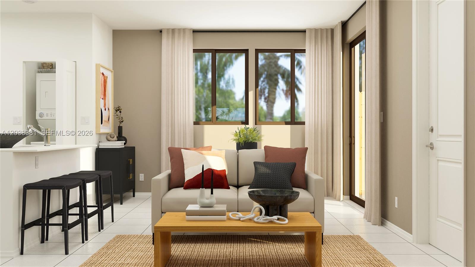 This digital rendering shows a living room with a sofa, coffee table, and kitchen bar — 13833 SW 261 TER, Miami FL 33032, MIAMI, FL