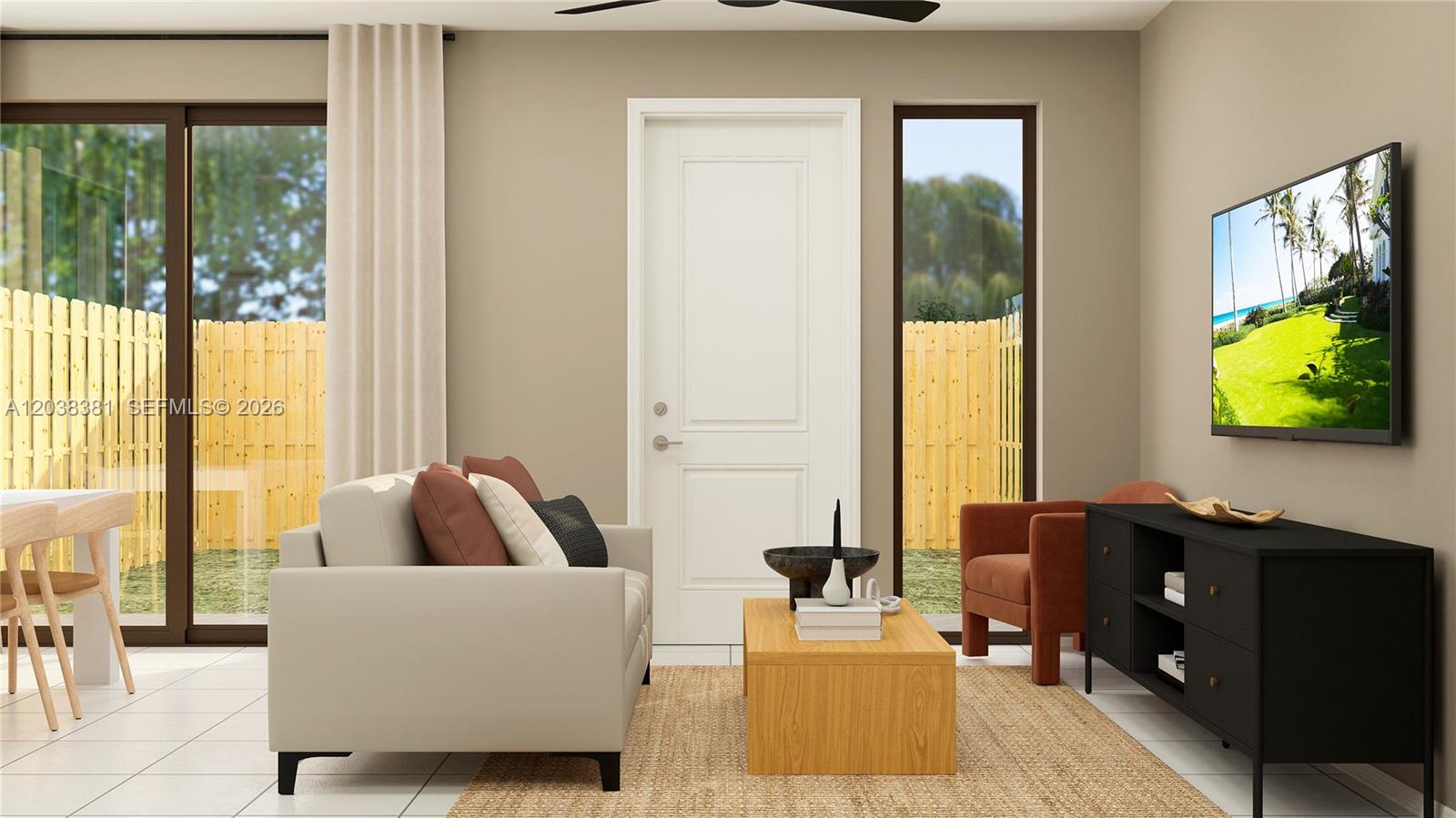 This is a digital rendering of a living room with a sofa, armchair, and television — 13833 SW 261 TER, Miami FL 33032, MIAMI, FL
