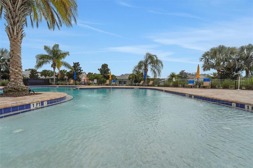 A swimming pool with a shallow entry area is surrounded by palm trees and lounge chairs — 1035 FIESTA KEY CIRCLE, LADY LAKE, FL