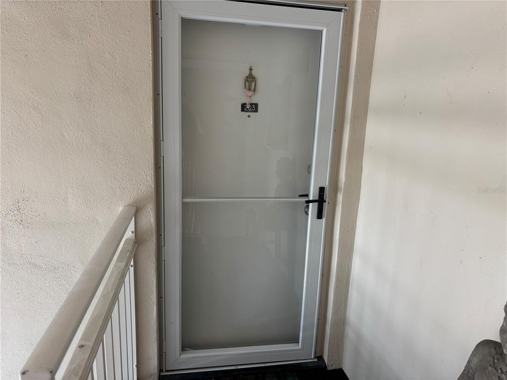 A white storm door with a number 203 plaque is mounted on an exterior wall — 3425 41ST TERRACE S UNIT 203, ST PETERSBURG, FL