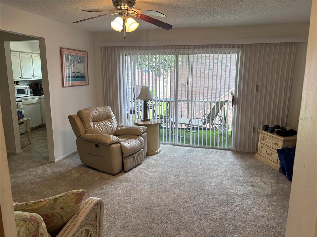 A carpeted living room features a recliner, a ceiling fan, and sliding glass doors to a balcony — 3425 41ST TERRACE S UNIT 203, ST PETERSBURG, FL