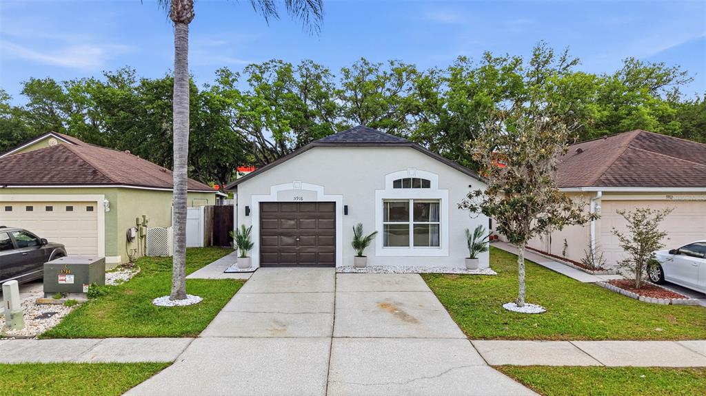 A single-story house with a brown garage door, light-colored stucco, and a concrete driveway — 5916 LAKE FRONT DRIVE, WESLEY CHAPEL, FL