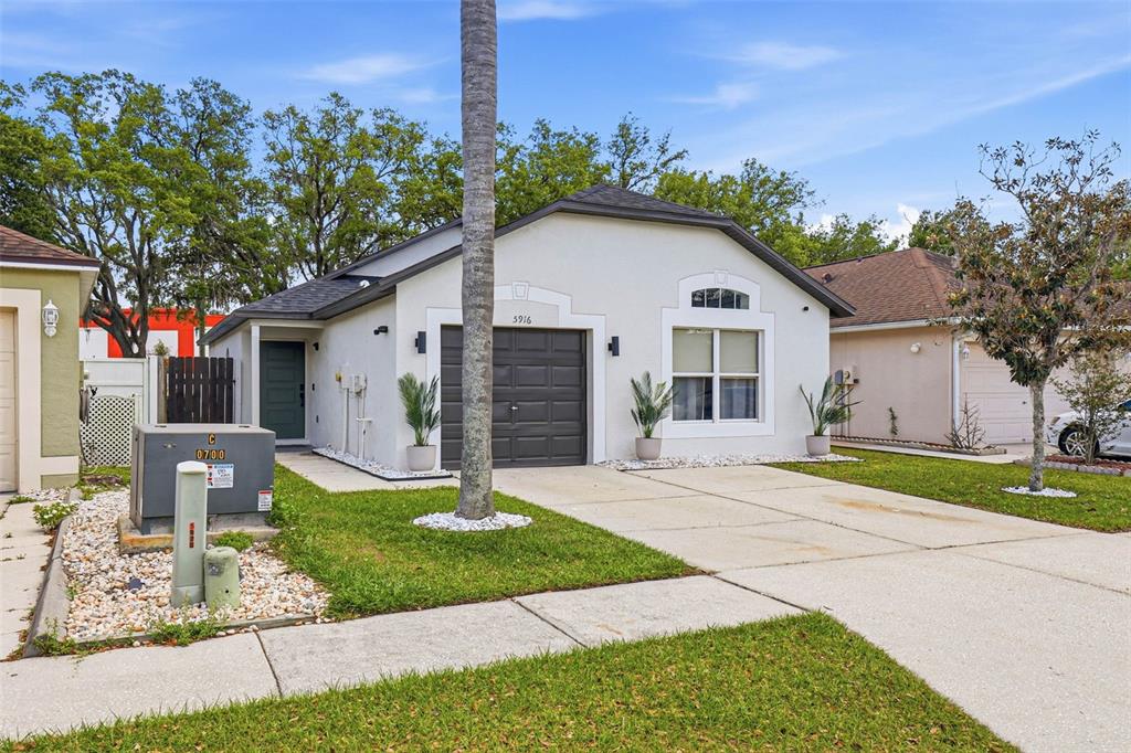 A single-story house with a white stucco exterior, a dark garage door, and a driveway — 5916 LAKE FRONT DRIVE, WESLEY CHAPEL, FL