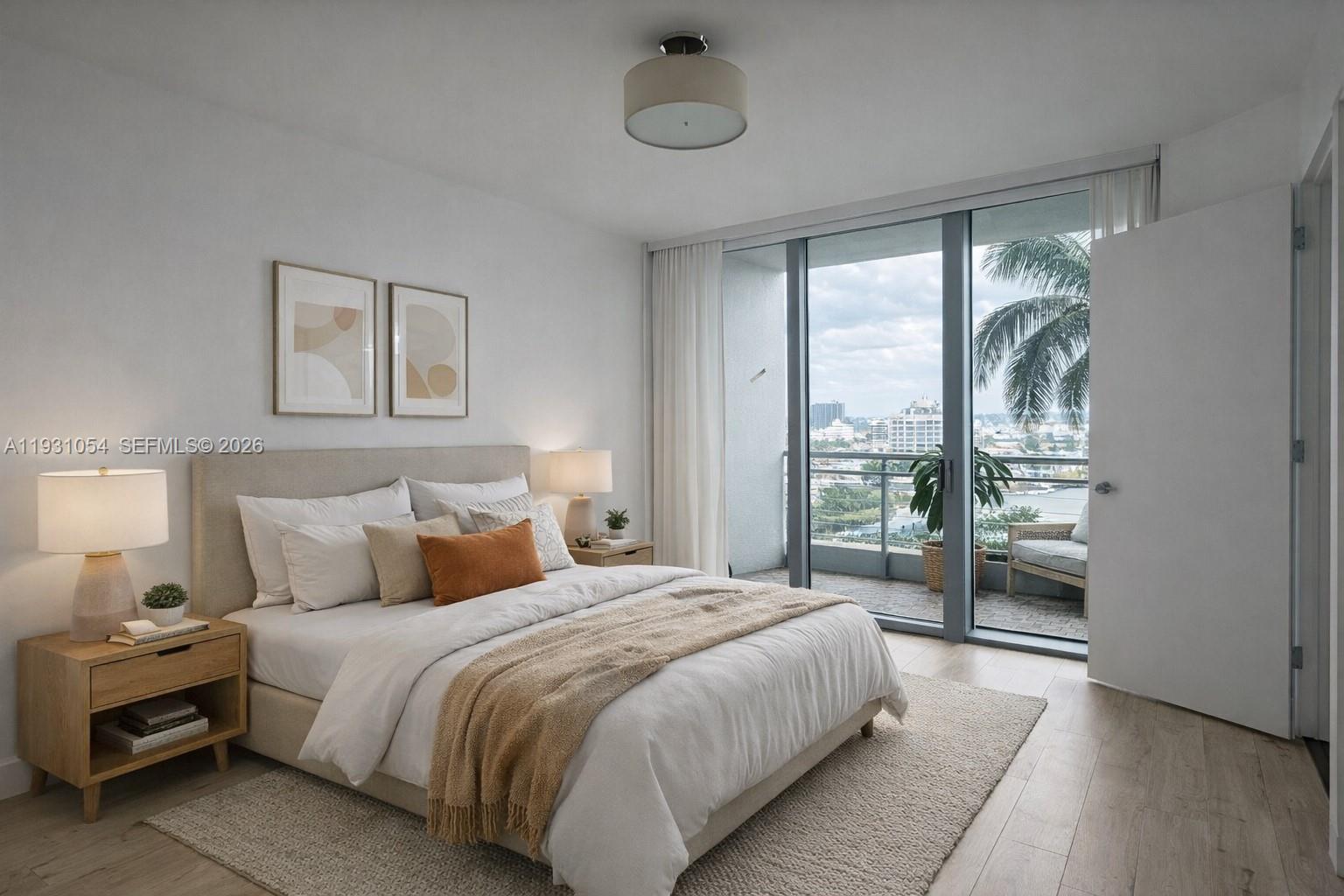 A modern bedroom features a queen bed, light wood nightstands, and a balcony with city views — 92 SW 3rd St # 1408, Miami FL 33130, MIAMI, FL