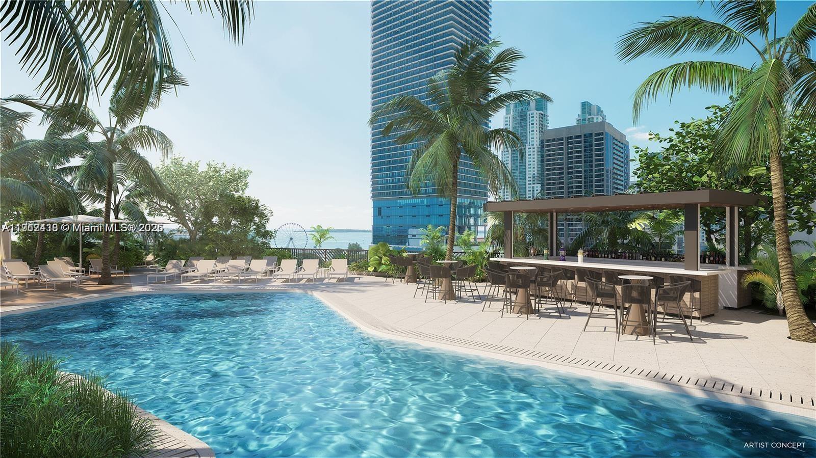 This rendering shows a swimming pool area with lounge chairs and an outdoor bar — 601 NE 1st Ave # 1716, Miami FL 33132, MIAMI, FL