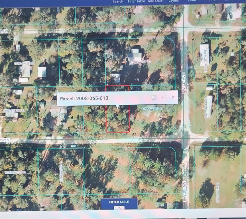 This is a satellite map view showing a highlighted rectangular parcel of undeveloped land — Lot 13 NW 136 COURT, OCALA, FL