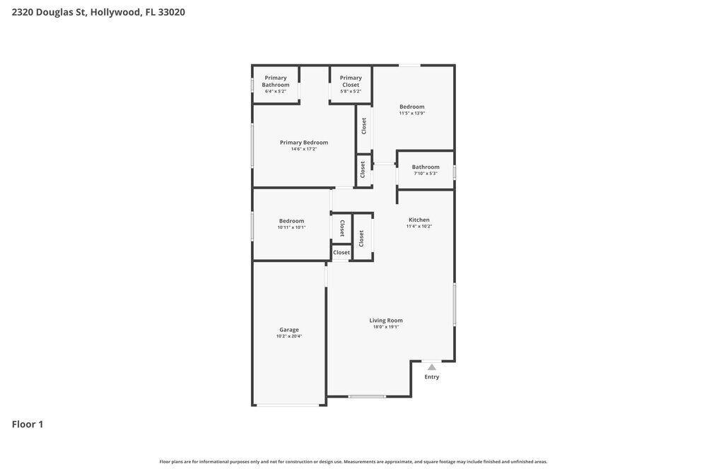 This is a floor plan for a single-story home with a garage and three bedrooms — HOLLYWOOD, FL
