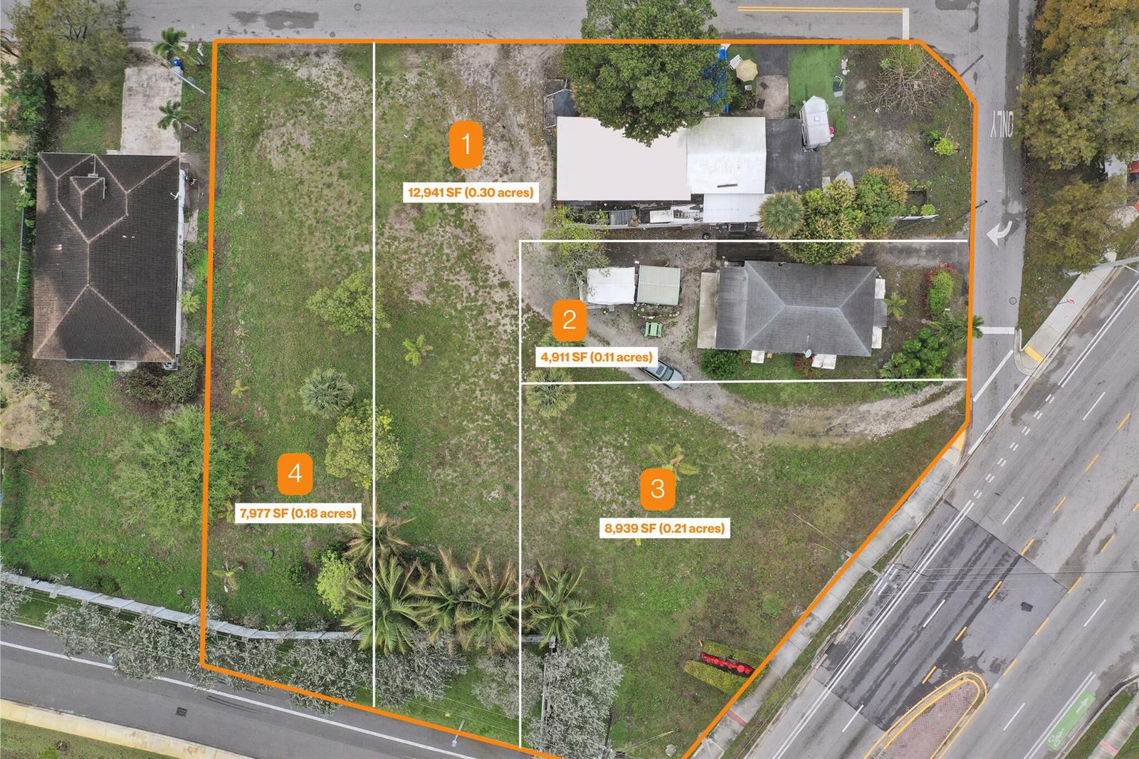 This aerial map shows four adjacent land parcels with existing structures and surrounding roads — 0 NW 7th Street, Pompano Beach FL 33060, POMPANO BEACH, FL