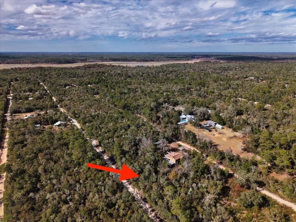 An aerial view shows a wooded lot with a house and a red arrow — NE 233RD LANE, FORT MC COY, FL