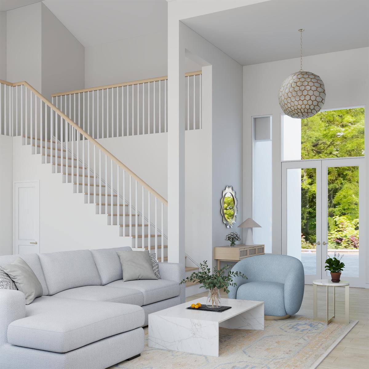 This rendering shows a modern living room with a staircase, light furniture, and large windows — 115 Olympus Way, Jupiter FL 33477, JUPITER, FL