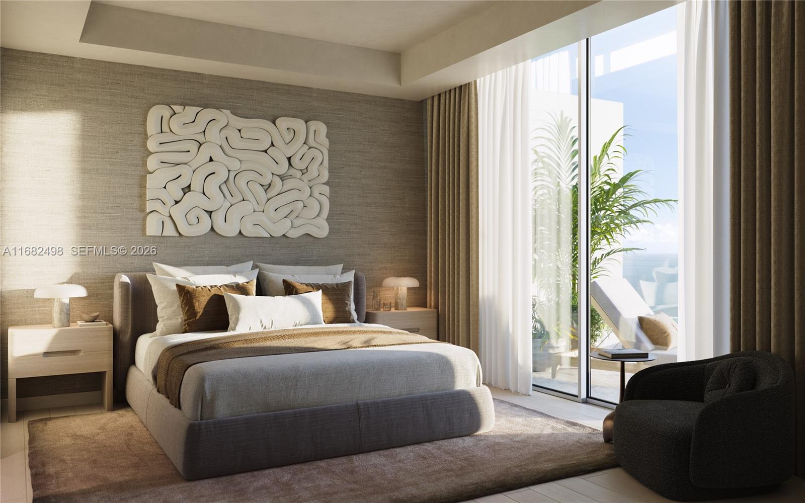 This rendering shows a modern bedroom with a textured accent wall and a private balcony — 3724 S OCEAN DR # 607, Hollywood FL 33019, HOLLYWOOD, FL