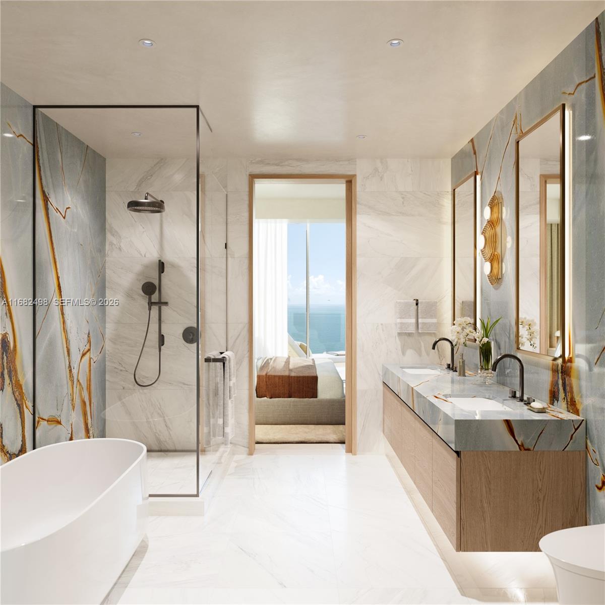 This rendering shows a modern bathroom with a soaking tub, glass shower, and marble vanity — 3724 S OCEAN DR # 607, Hollywood FL 33019, HOLLYWOOD, FL