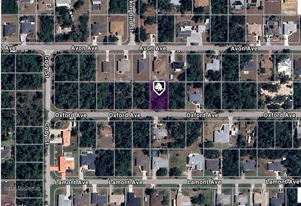 An aerial map view showing a highlighted vacant residential lot between Avon and Oxford Avenues — 18358 OXFORD AVENUE, PORT CHARLOTTE, FL