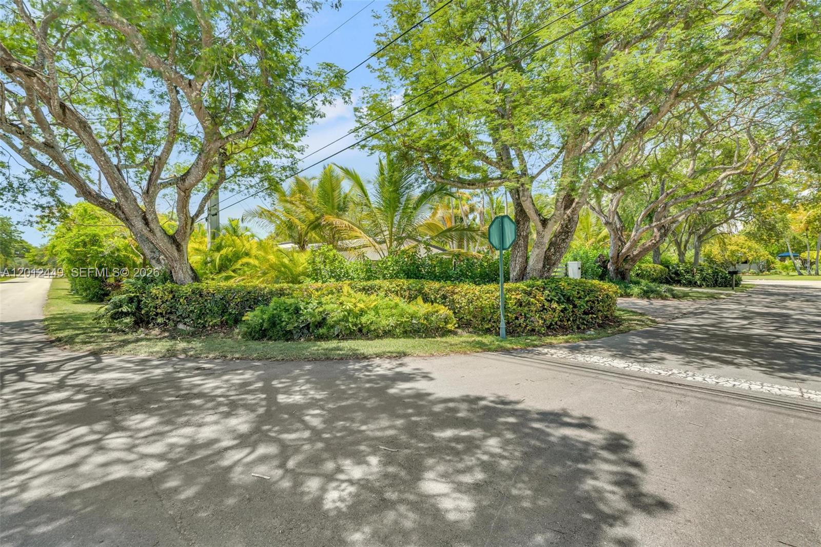 A paved road intersection is surrounded by lush green trees, shrubs, and palm trees — 6200 SW 118th St, Pinecrest FL 33156, PINECREST, FL