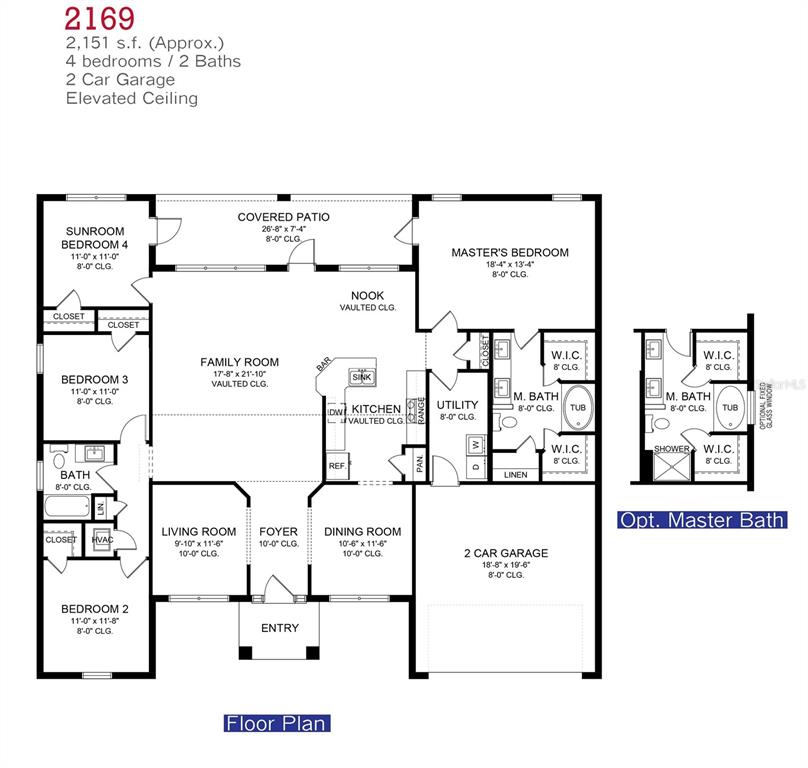 This floor plan shows a four-bedroom, two-bathroom house with a two-car garage and covered patio — 13189 FELDSPAR AVENUE, PORT CHARLOTTE, FL