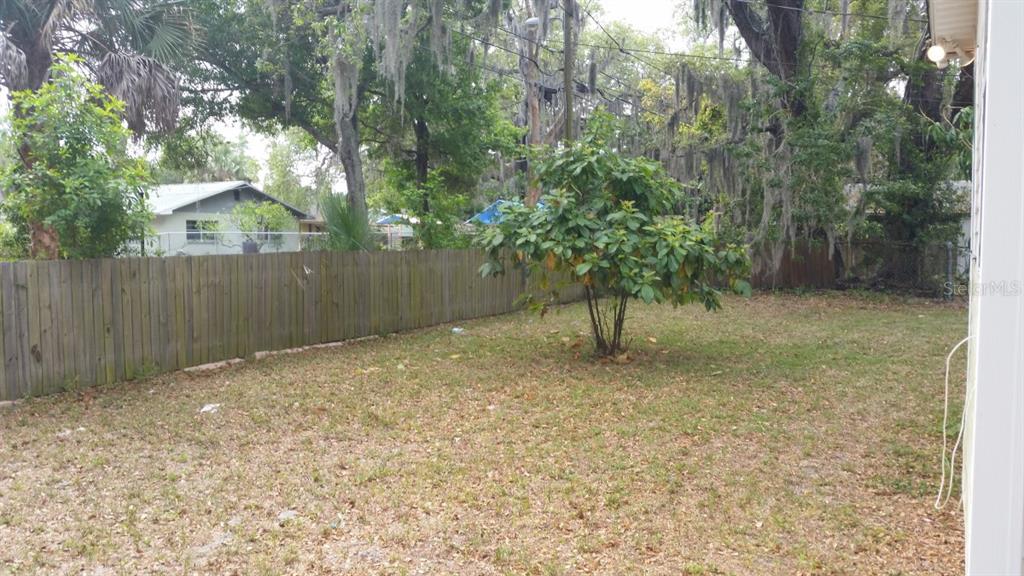 A fenced backyard features a small tree in the center and mature trees with moss — 2304 KINGSTON STREET S, ST PETERSBURG, FL