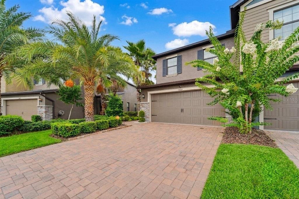 A two-story house with a paved driveway, a two-car garage, and palm trees — 28425 PLEASANT BAY LOOP, WESLEY CHAPEL, FL