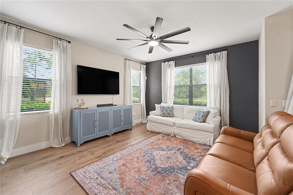 A living room features a white sofa, a leather couch, a television, and a ceiling fan — 28425 PLEASANT BAY LOOP, WESLEY CHAPEL, FL