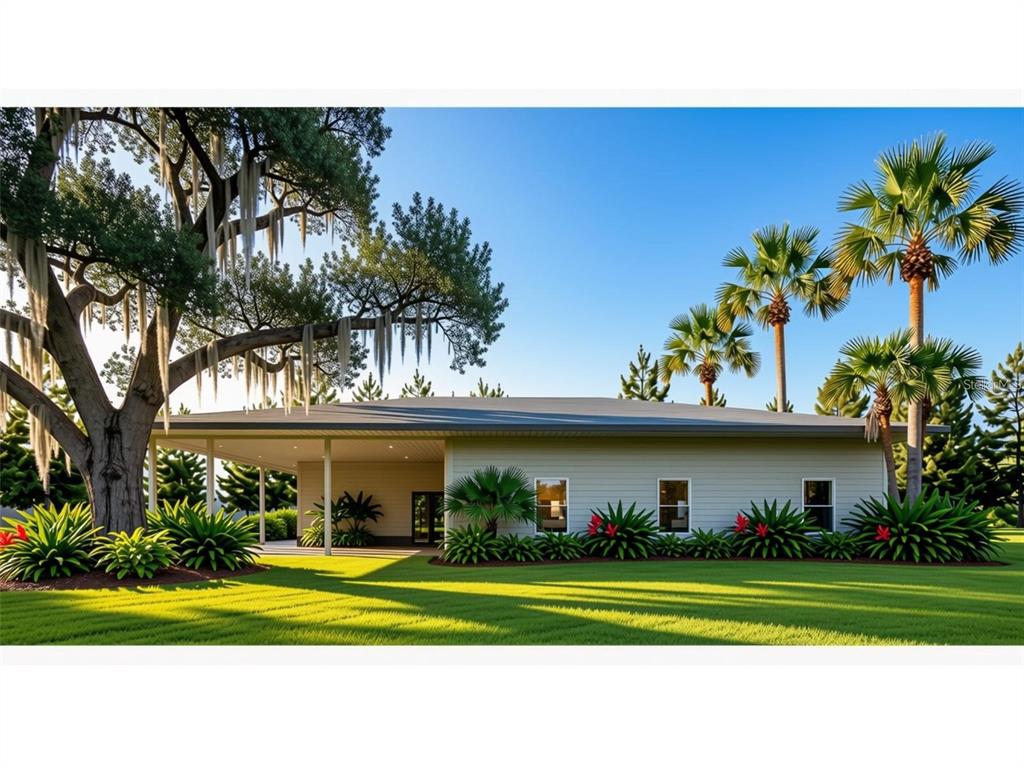 This is a rendering of a single-story house exterior with a covered porch and palm trees — 8158 GEWANT BOULEVARD, PUNTA GORDA, FL