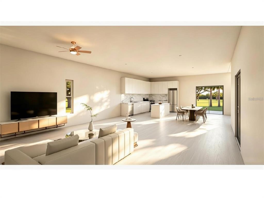 This is a rendering of an open-concept living room and kitchen with light-colored flooring — 8158 GEWANT BOULEVARD, PUNTA GORDA, FL
