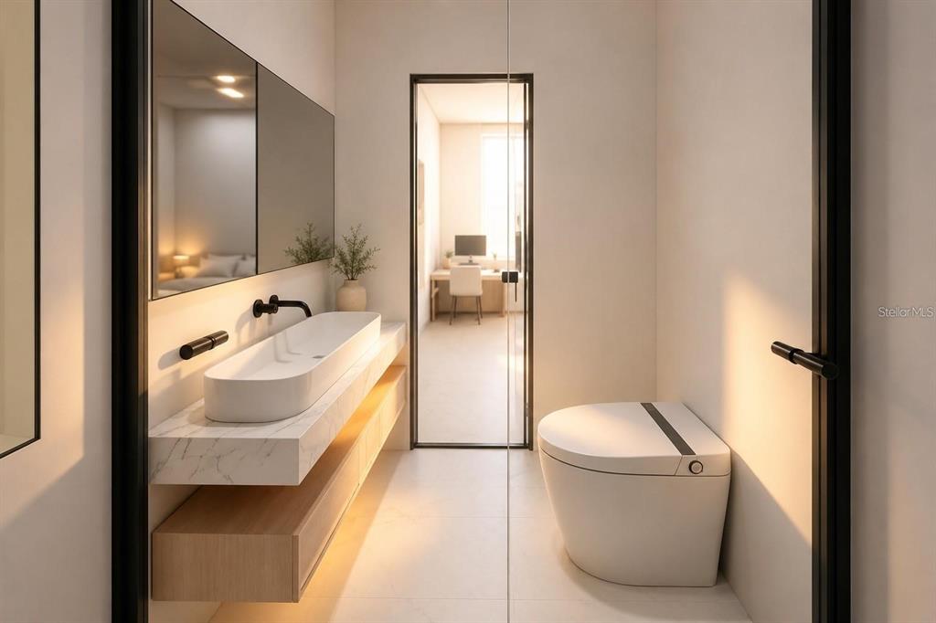 This is a rendering of a modern bathroom with a floating vanity and smart toilet — 8158 GEWANT BOULEVARD, PUNTA GORDA, FL
