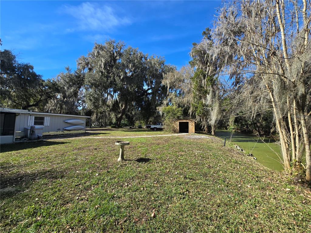 A grassy backyard features a birdbath, a small shed, and a pond under large trees — 2346 CR 401, LAKE PANASOFFKEE, FL