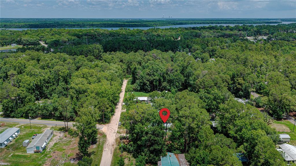 An aerial view shows a wooded lot with a red location pin near a road — 118 WATERWAY DRIVE, SATSUMA, FL