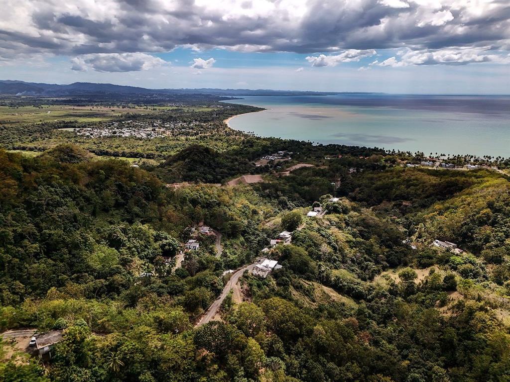 An aerial view shows a winding road through a lush, hilly landscape overlooking the ocean — CARR.115 KM. 4.5 INTERIOR, ANASCO, PR