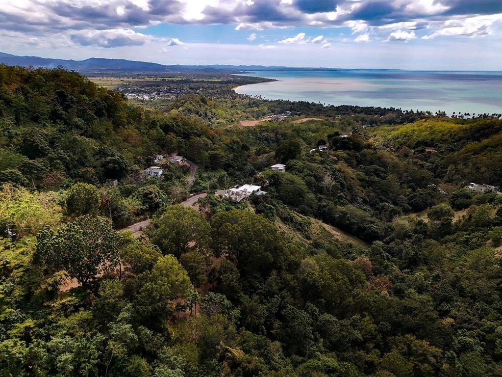 An aerial view shows a house nestled in a lush, hilly landscape overlooking the ocean — CARR.115 KM. 4.5 INTERIOR, ANASCO, PR