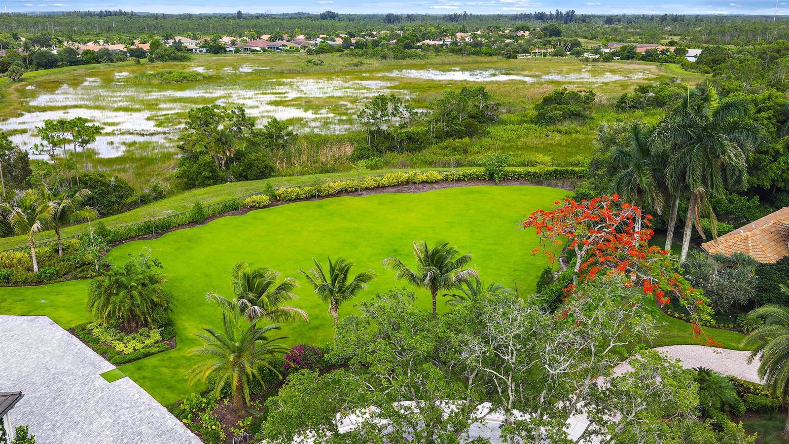 An aerial view of a large backyard with a lawn, palm trees, and a wetland — 6632 Audubon Trace W, West Palm Beach FL 33412, WEST PALM BEACH, FL