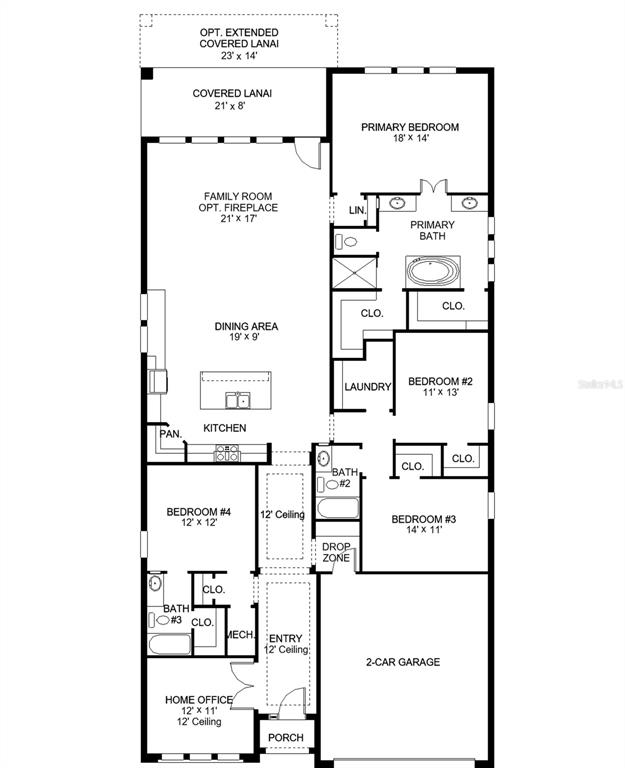 This floor plan shows a four-bedroom home with a two-car garage and a covered lanai — 10924 37TH AVENUE EAST, PALMETTO, FL