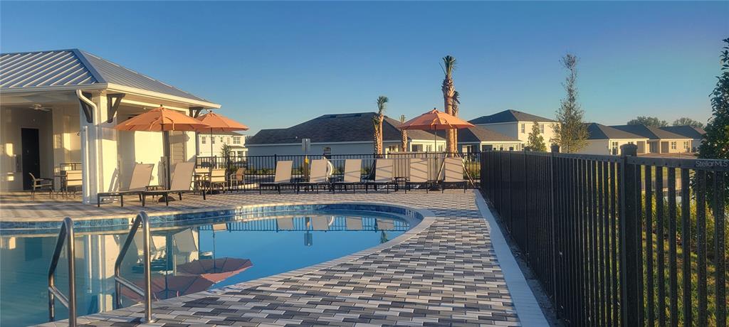 A swimming pool with lounge chairs and umbrellas sits next to a covered patio area — 10924 37TH AVENUE EAST, PALMETTO, FL