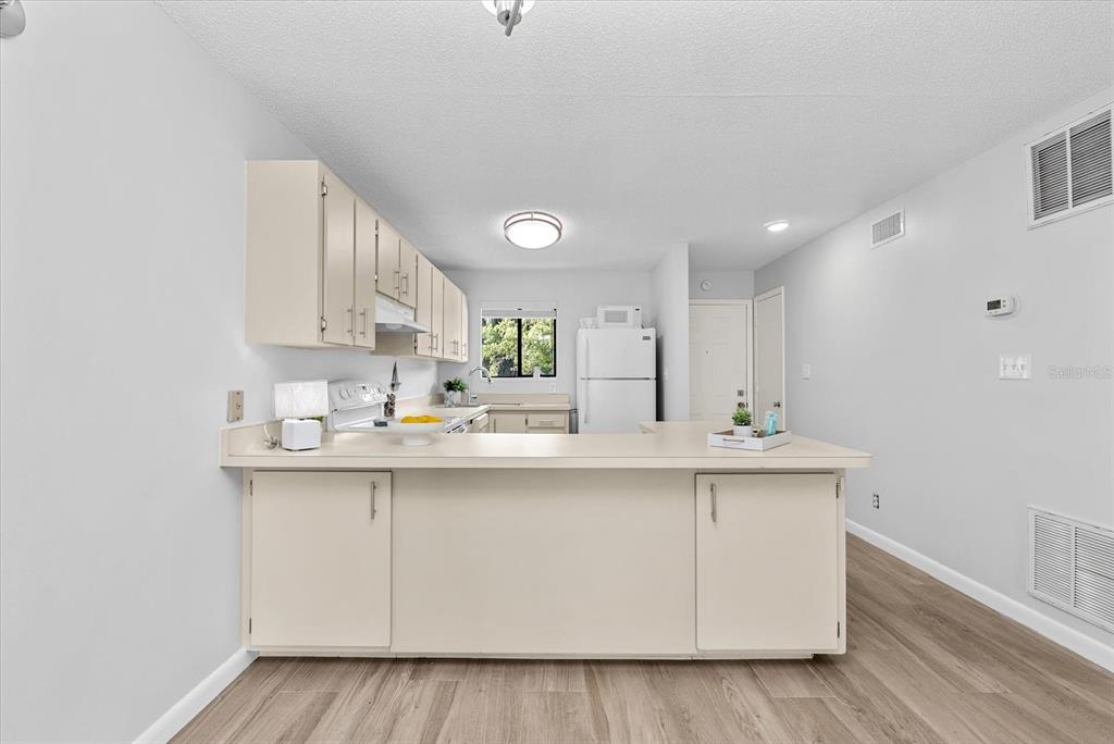 A kitchen features light-colored cabinets, a breakfast bar, and wood-look flooring — 6033 34TH STREET W UNIT 28, BRADENTON, FL