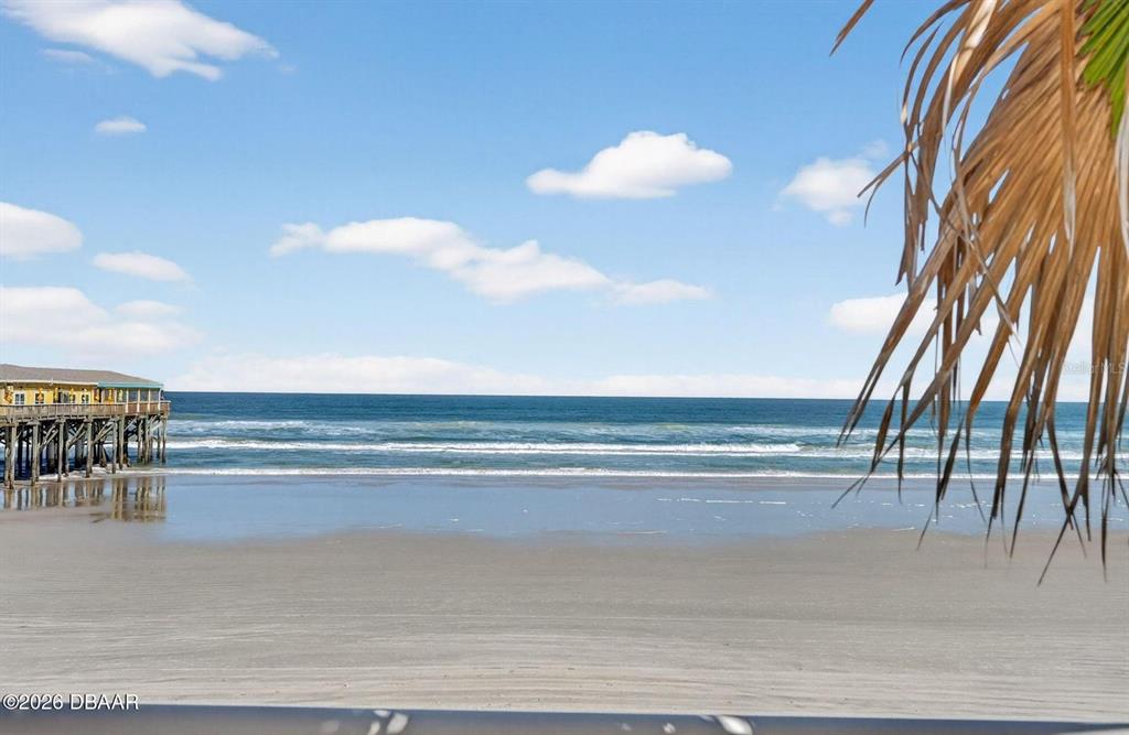 A view of the ocean and a wooden pier from a balcony with palm fronds — 3703 S ATLANTIC AVENUE UNIT 504, DAYTONA BEACH SHORES, FL