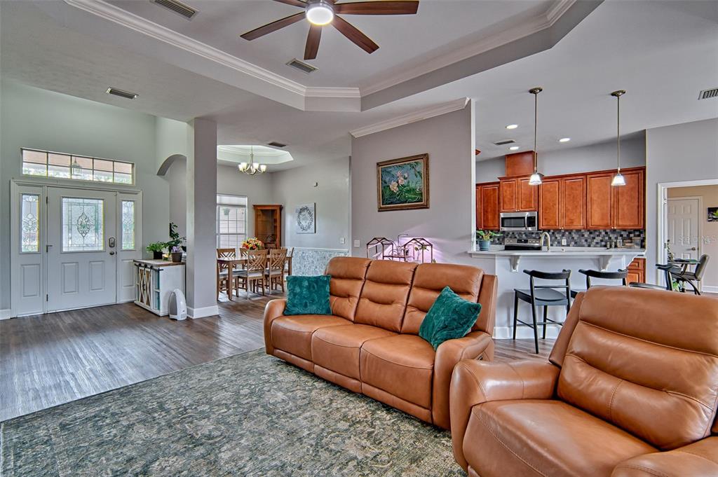 An open-concept living room features leather furniture, a tray ceiling, and an adjacent kitchen — 15122 NW 149TH ROAD, ALACHUA, FL
