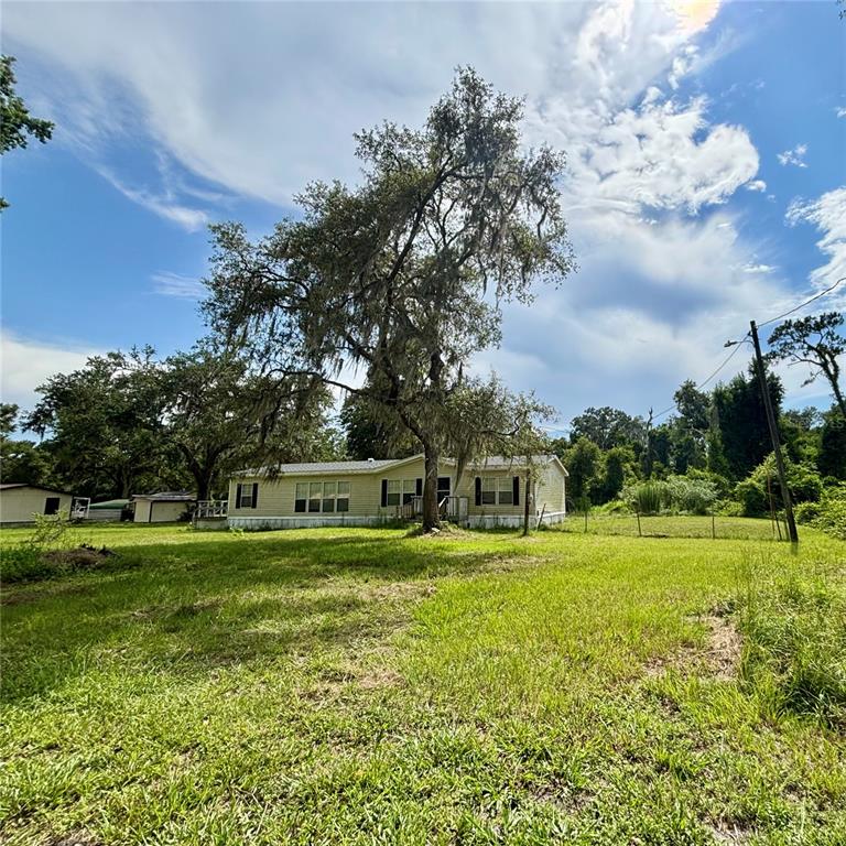 A single-story manufactured home sits on a grassy lot beneath a large, moss-covered tree — 12564 CR-681, WEBSTER, FL