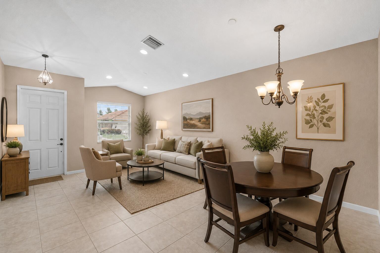A living and dining area with beige walls, tile floors, and neutral furniture — 4250 Key Lime Boulevard, Boynton Beach FL 33436, BOYNTON BEACH, FL
