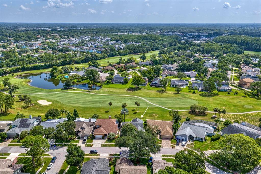 An aerial view shows a residential neighborhood with houses bordering a golf course and pond — 14607 VILLAGE GLEN CIRCLE, TAMPA, FL