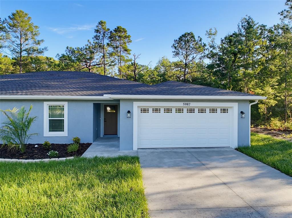 A single-story house with a blue exterior, white garage door, and a concrete driveway — 5987 W OAK PARK BOULEVARD, HOMOSASSA, FL