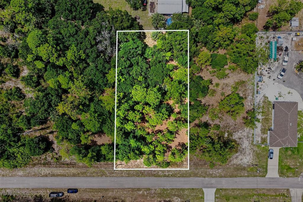 An aerial view shows a rectangular, wooded vacant lot outlined in white along a road — 711 WELLINGTON AVENUE, LEHIGH ACRES, FL