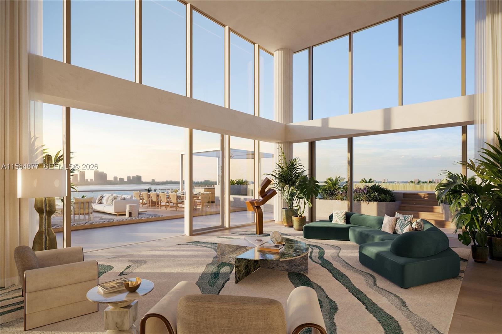 This is a rendering of a modern living room with floor-to-ceiling windows and a terrace — 5333 Collins Ave, Miami Beach FL 33140, MIAMI BEACH, FL
