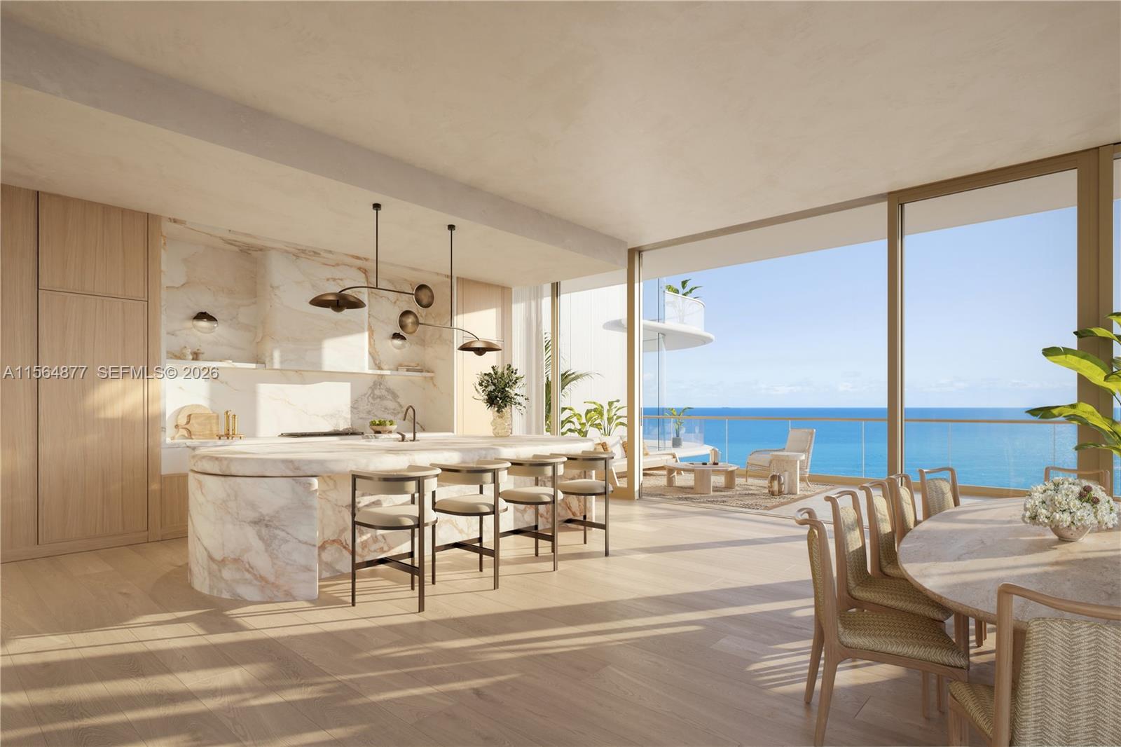 This rendering shows a modern kitchen and dining area with marble surfaces and ocean views — 5333 Collins Ave, Miami Beach FL 33140, MIAMI BEACH, FL