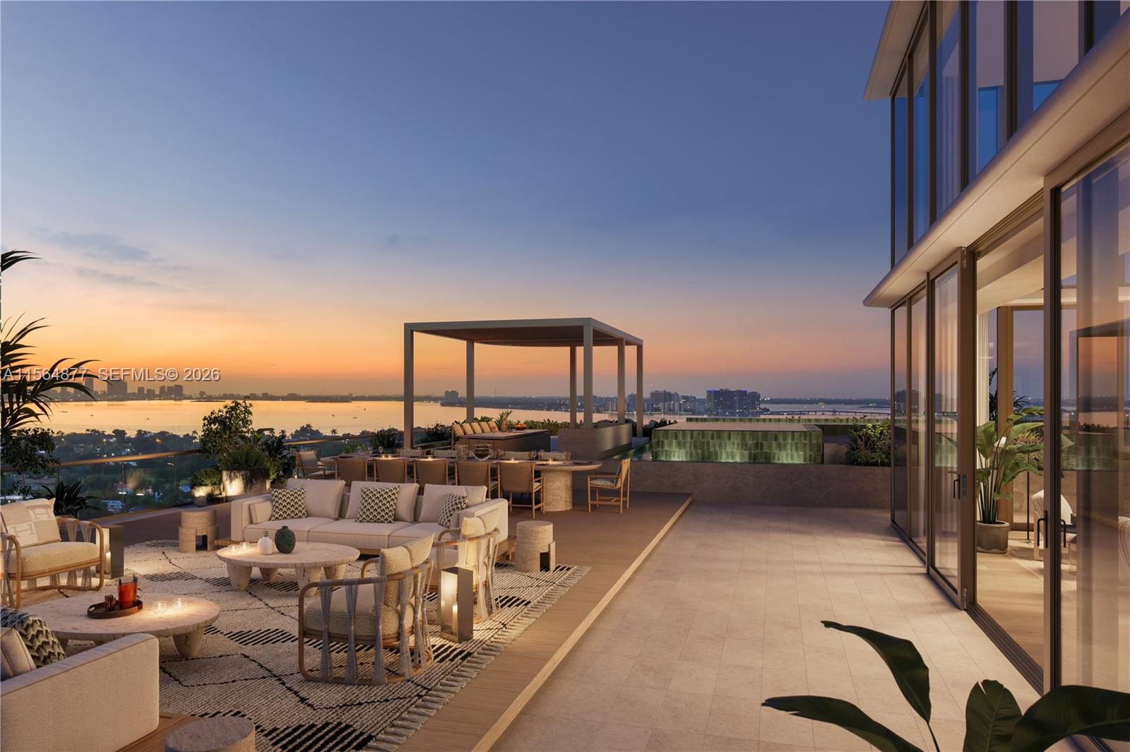 This architectural rendering shows a luxury rooftop terrace with outdoor seating, dining, and a pool — 5333 Collins Ave, Miami Beach FL 33140, MIAMI BEACH, FL