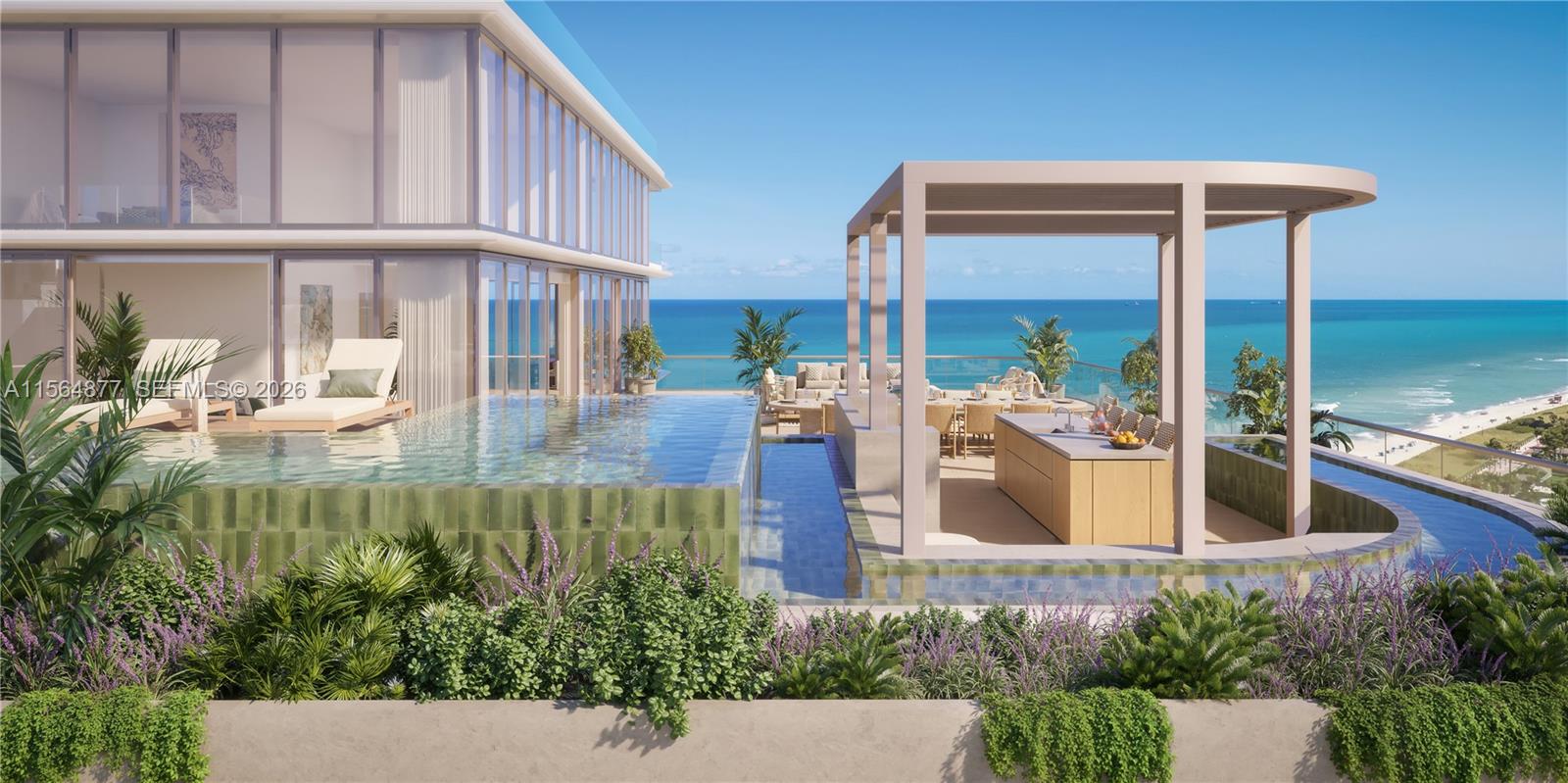 This architectural rendering shows a luxury rooftop terrace with an infinity pool and outdoor kitchen — 5333 Collins Ave, Miami Beach FL 33140, MIAMI BEACH, FL