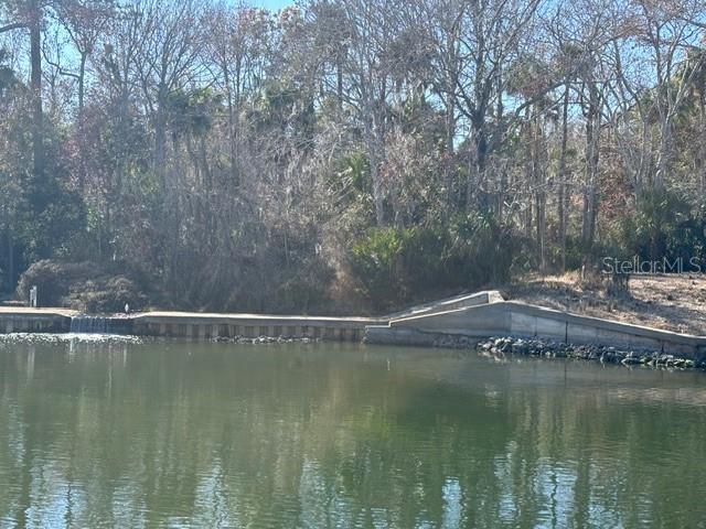 A concrete bulkhead and small spillway border a calm lake surrounded by dense trees — 34 COLECHESTER LANE UNIT C, PALM COAST, FL