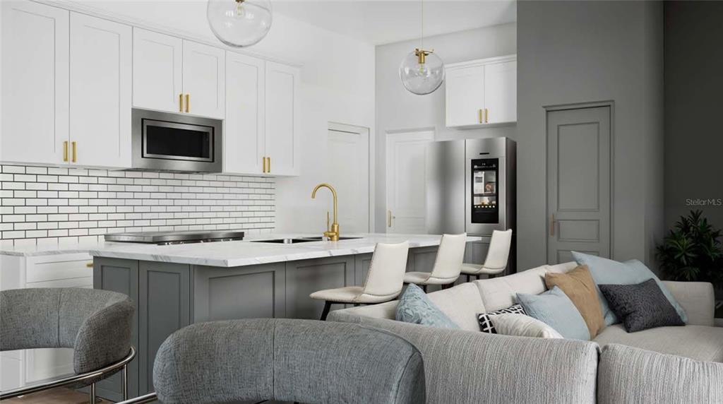 This rendering shows a modern kitchen with white cabinets, a gray island, and an adjacent sofa — 12413 HAGFISH COURT, PLACIDA, FL