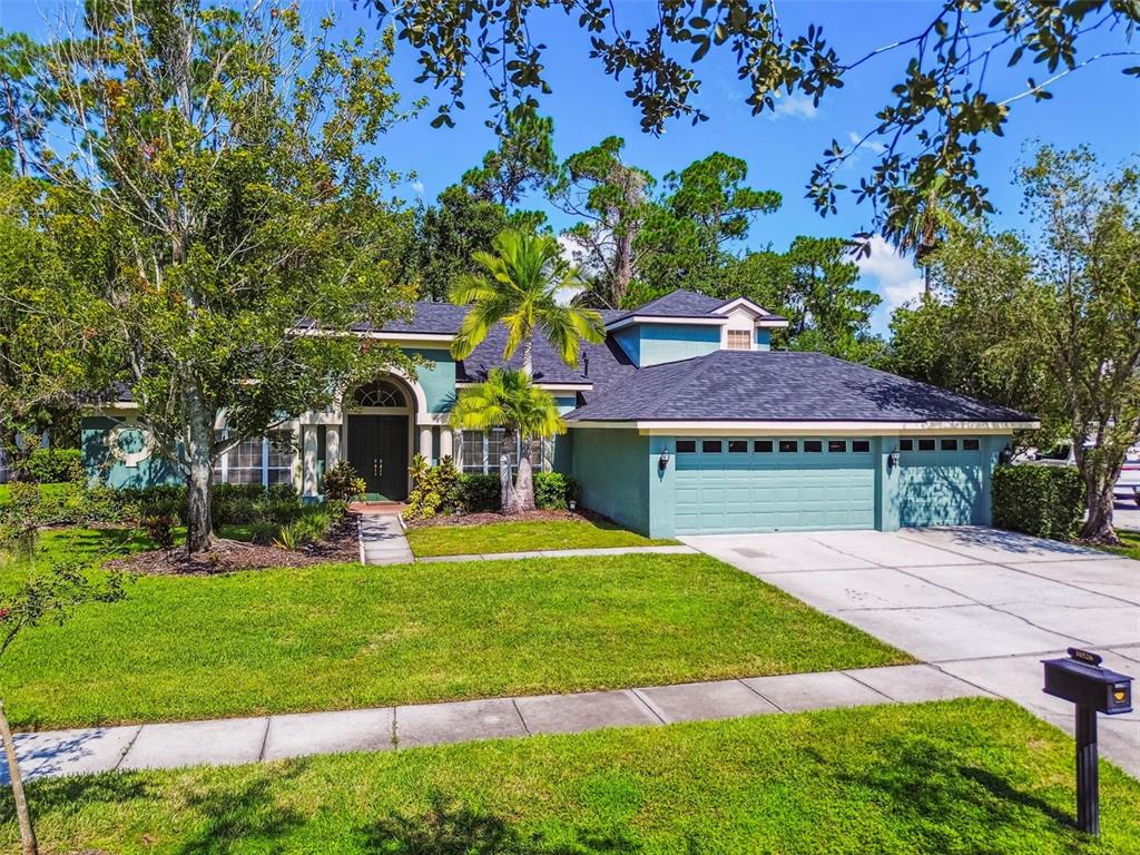 A single-story house with a green exterior, a three-car garage, and a palm tree — 10526 GREENCREST DRIVE, TAMPA, FL