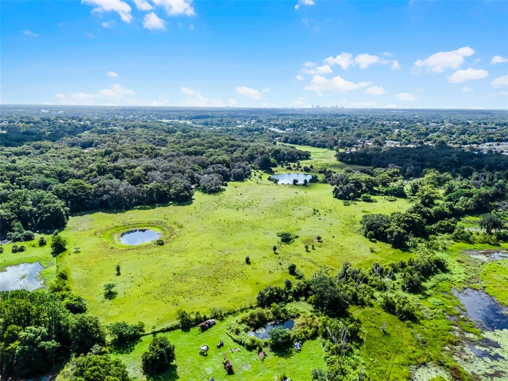 An aerial view shows a large, grassy field with several small ponds and surrounding trees — 7466 VIVIAN LANE, ORLANDO, FL