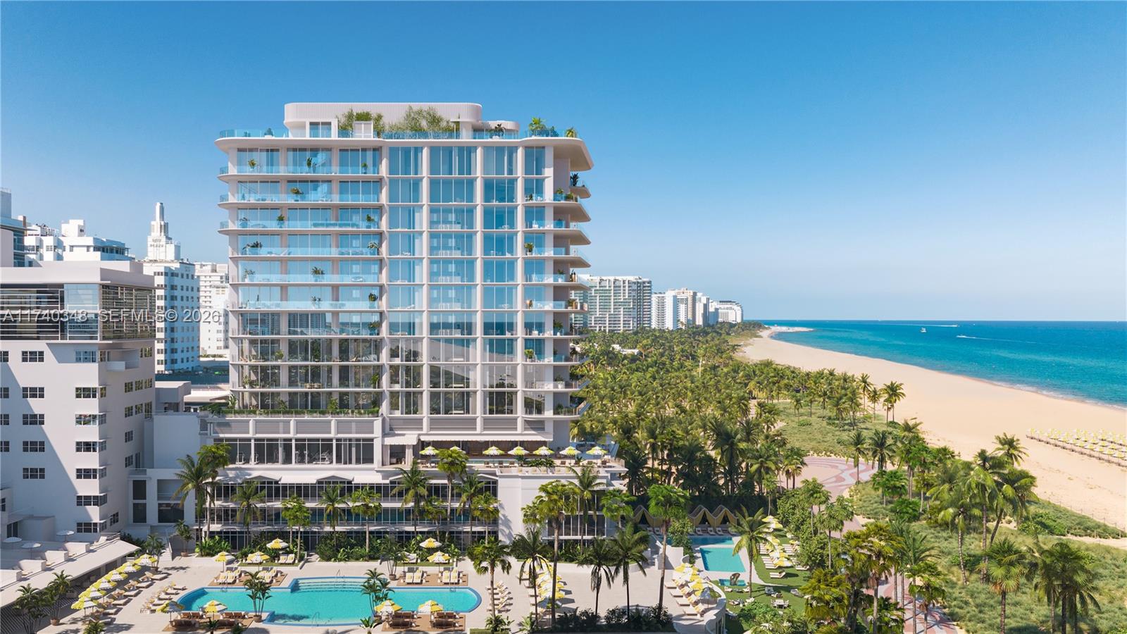 This is a rendering of a modern beachfront residential building with a pool and palm trees — 1671 Collins Ave # 8D, Miami Beach FL 33139, MIAMI BEACH, FL