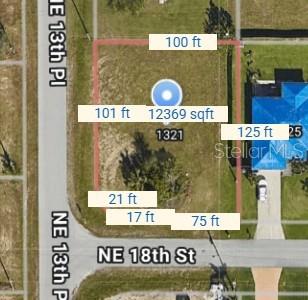 This is a satellite map view of a corner residential lot with property dimensions — 1321 NE 18TH STREET, CAPE CORAL, FL